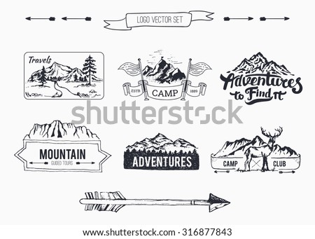 Hand-Drawn logo set collection 
Retro set label of outdoor company, camping, wilderness adventure. Old style elements, mountain, lettering, ribbon banner