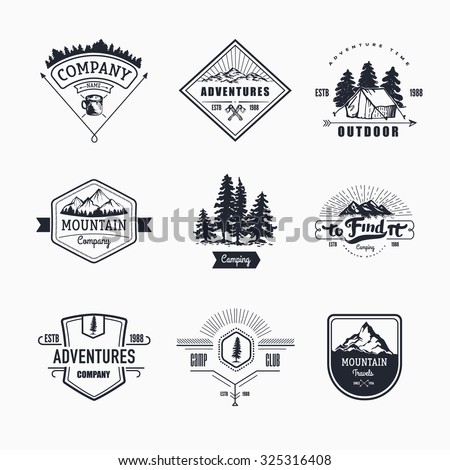 Hand-Drawn logo set. Retro collection of outdoor company, camping, adventure labels. Old style elements, mountain, lettering