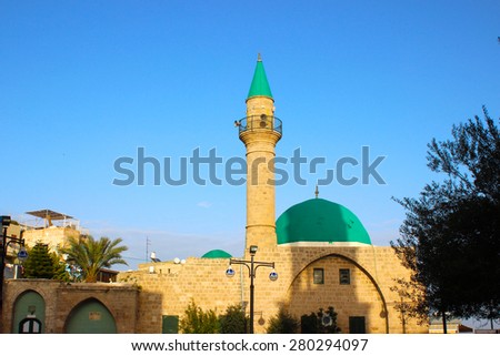 A beautiful mosque with a green dome in the Arab Old City of Akko (Acre) in Israel
