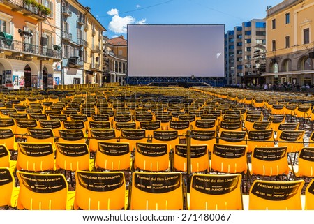 Locarno, Switzerland - August 16, 2014 - The large open-air screen and chairs at the Piazza Grande in Lorcarno for the Annual International Film Festival.