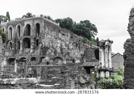 View of the ancient rome ruins near colosseum in black and white, Rome, Italy