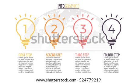 Business infographics. Timeline with 4 lightbulbs, ideas, steps. Vector linear infographic element.