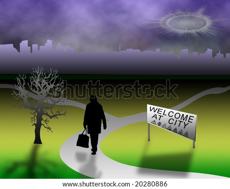 illustration of landscape polluted metropolis with tree and human figure