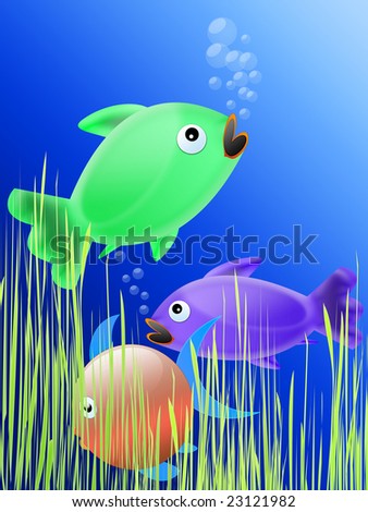 stage of life of the sea with fish and seaweed