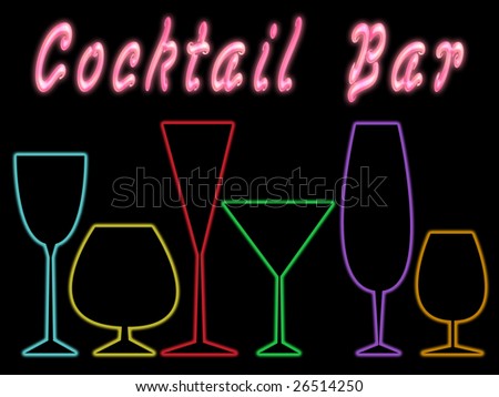 shapes colored glasses. black background, written cocktail bar
