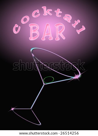shape of colored glass to drink. written cocktail bar. black background with pink halo of light