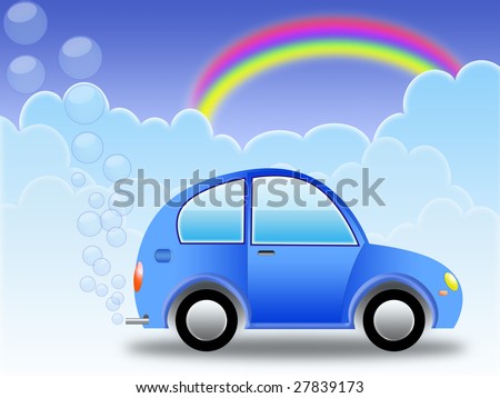 car on hydrogen clouds with rainbow. by the discharge of water bubbles