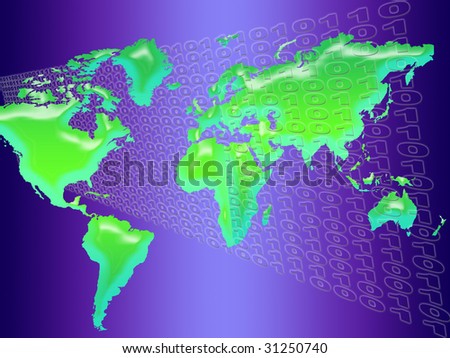 technology background with world map and binary code