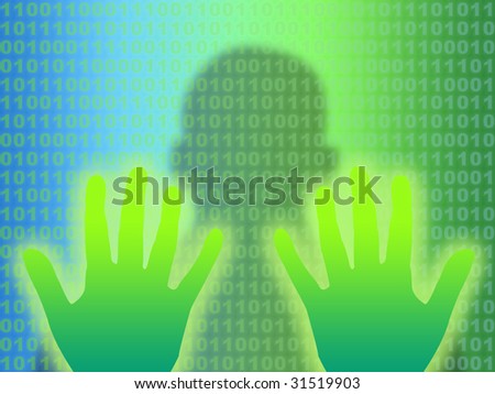 Man trapped in your computer monitor look for the exit with your hands.  binary code in the background