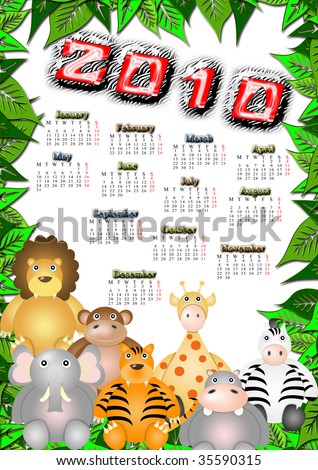 calendar for the year 2010 with the animals of the jungle and leaves frame.  nice style cartoon for children - week begins MONDAY