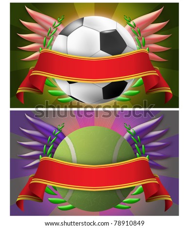 two illustrations emblems sport with red stripe, abstract background.  one with soccer ball and one with tennis ball. easy clipping