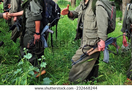 KURDISTAN, IRAQ -  MAY 15:  Militants in the Qandil Mountains, PKK (The Kurdistan Workers Party)  militants on May 15, 2013 in Kurdistan, Qandil, Iraq.