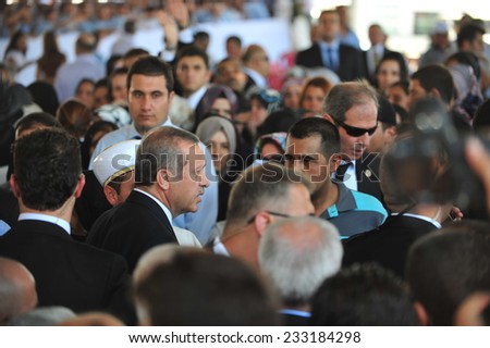 GAZIANTEP, TURKEY-AUGUST  22: Turkey President Recep Tayyip Erdogan attend the funeral on August 22,2012 in Gaziantep, Turkey.