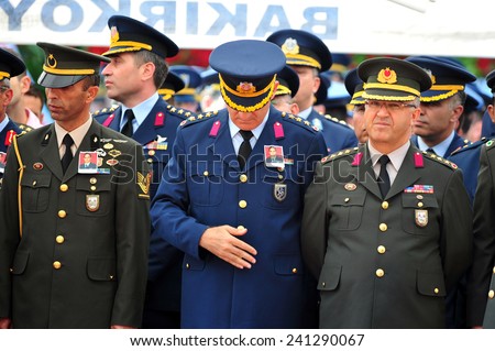 ISTANBUL, TURKEY-JUNE 06: Turkish Chief of General Necdet Ozel and other commanders attend the  funeral on June 06,2012 in Istanbul, Turkey.