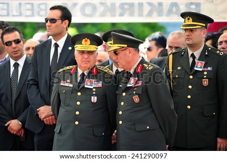 ISTANBUL, TURKEY-JUNE 06: Turkish Chief of General Necdet Ozel and other commanders attend the  funeral on June 06,2012 in Istanbul, Turkey.