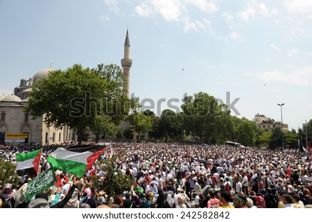 ISTANBUL, TURKEY -JUNE  06: Unidentified activists participate in a protest  organized by Humanitarian Relief Foundation to commemorate Mavi Marmara raid on  June  06,2010 in Istanbul,Turkey.