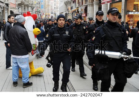 ISTANBUL,TURKEY:FEBRUARY  28: Unidentified anti-coup protesters marched to demand justice in the Sledgehammer (Balyoz) coup case. police officerson February  28,2010 in Istanbul,Turkey.
