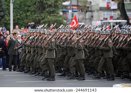 ISTANBUL - OCTOBER 29: Soldiers march at Vatan Avenue during Republic Day celebration of Turkey on October 29, 2010 in Istanbul, Turkey.