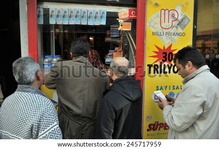 ISTANBUL, TURKEY - DEC 8, 2010: Lottery ticket seller. Established in 1939, the National Lottery in Turkey in the country, has been organizing all kinds of games of chance. Dec 8, 2010