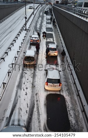 ISTANBUL, TURKEY - FEBRUARY 17: Istanbul vehicle traffic. Mecidiyekoy way to go to pass through the Bosphorus Bridge  on February 17, 2015