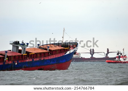 ISTANBUL, TURKEY -JANUARY 20:  Cargo ship sank due to severe storms in the Bosphorus in Istanbul,  on January  20, 2012 Istanbul,Turkey