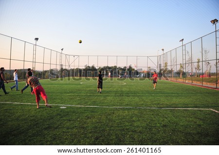 ISTANBUL ,TURKEY - JULY  12:  Students who play football in the astroturf July 12, 2012 in Istanbul, Turkey.