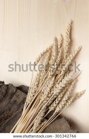 Wheat Ears on Wooden Table. Sheaf of Wheat over Wood Background. Harvest concept. Top view