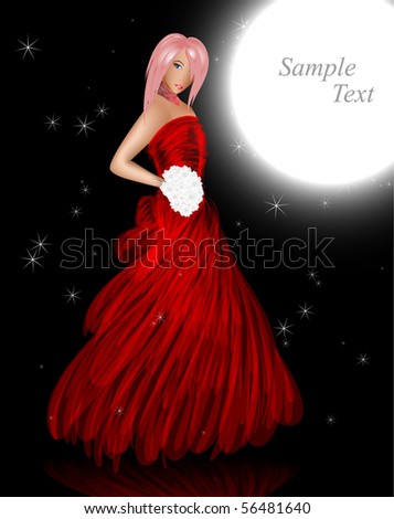 stock vector : The bride. The fine girl with pink hair, in a red wedding dress and white flowers.