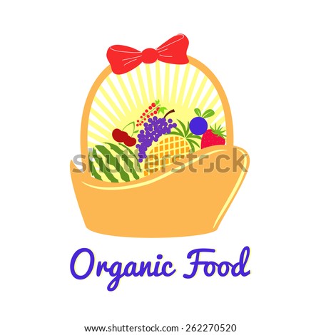 Vector illustration with organic food fruits in basket with bow. Good template of emblem, logo and label. Watermelon, grape, pineapple, strawberry, cherry and berries