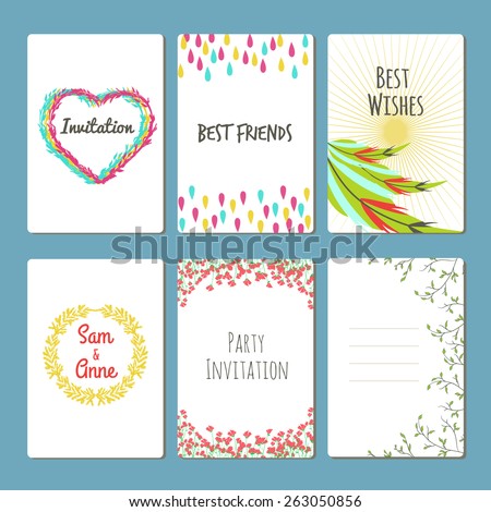 Vector colorful and hand drawn set of cute floral greeting cards and invitations. Holiday, wedding, marriage, bridal, birthday, save the date or valentine\'s day.