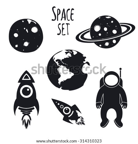 Vector cosmos space set. Illustration with spaceman, rockets, Earth, Moon and Saturn