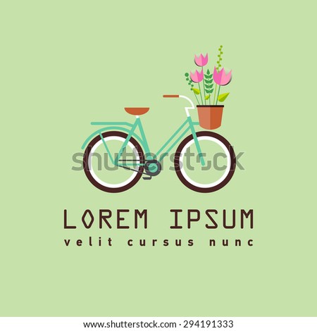 Flat illustration of blue bicycle with flowers tulips. Summer card or poster. Hipster symbol. Travel. Transport for lifestyle