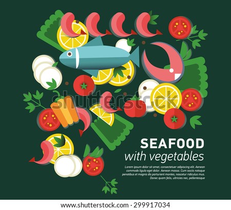 Infographic food business seafood flat lay idea. Vector illustration hipster concept, can be used for layout, advertising and web design. Seafood design set. Seafood menu for restaurant.