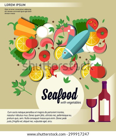 Infographic food business seafood flat lay idea. Vector illustration hipster concept, can be used for layout, advertising and web design. Seafood design set. Seafood menu for restaurant.