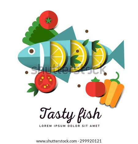 Infographic food business seafood flat lay idea. Vector illustration hipster concept, can be used for layout, advertising and web design. Seafood design set. Seafood menu for restaurant. Tasty fish