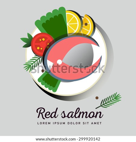 Infographic food business seafood flat lay idea. Vector illustration hipster concept, can be used for layout, advertising and web design. Seafood design set. Seafood menu for restaurant. Red salmon