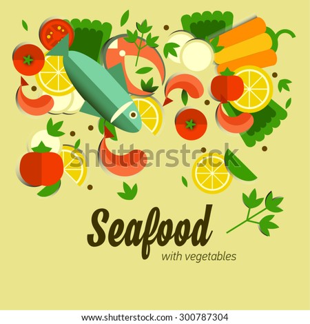 Infographic food business seafood flat lay idea. Vector illustration hipster concept.can be used for layout, advertising and web design. Seafood design set. Seafood menu for restaurant. Background