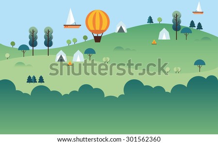 Landscape Infographics. Lake and Hills Hiking Route. Ecotourism. Flat illustration. nature and outdoor, park, garden. Ecology structure. Green energy