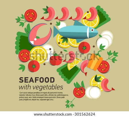 Infographic food business seafood flat lay idea. Vector illustration hipster concept.can be used for layout, advertising and web design. Seafood design set.  Seafood menu for restaurant.