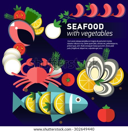 Infographic food business seafood flat lay idea. Vector illustration hipster concept.can be used for layout, advertising and web design.  Seafood menu for restaurant.