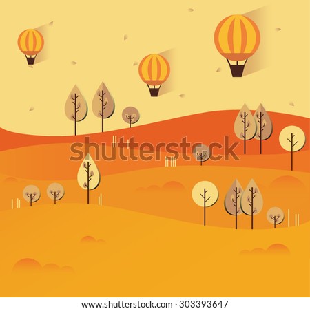 Flat autumn nature landscape illustration. Colorful vector flat icon set: nature, field, lake, trees, leave, cane, hills, hot air balloons, tractor . Harvest time, harvesting crops. Orange color