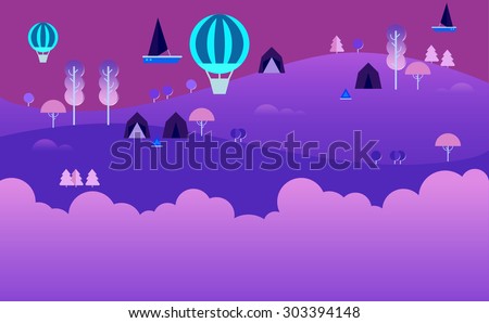 Landscape Infographics. Lake and Hills Hiking Route. Ecotourism. Flat illustration. nature and outdoor, park, garden. Ecology structure. Green energy, Fairytale background. Purples. Magic night land