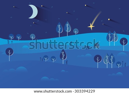 Night landscape with stars and moon, hot air balloons, tractor, nature, hills, field. Season. Autumn or summer. Harvest time, harvesting crops.
