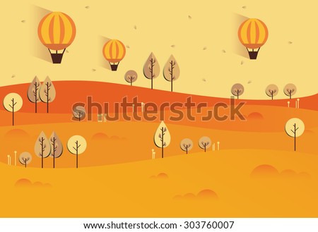 Flat autumn nature landscape illustration. Colorful vector flat icon set: nature, field, lake, trees, leave, cane, hills, hot air balloons, tractor . Harvest time, harvesting crops.
