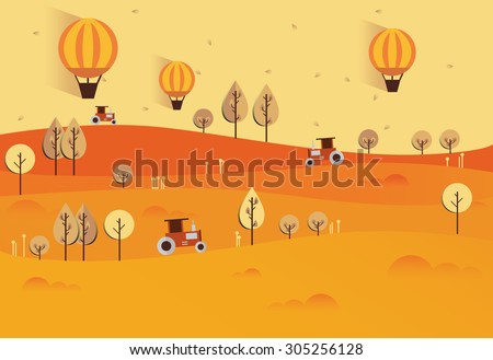 Flat autumn nature landscape illustration. Colorful vector flat icon set: nature, field, lake, trees, leave, cane, hills, hot air balloons, tractor . Harvest time, harvesting crops.
