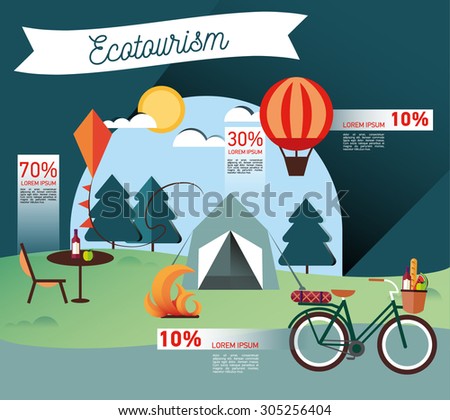 Landscape Infographics. Lake and Hills Hiking Route. Ecotourism. Flat illustration. nature and outdoor, park, garden. Ecology structure. Cycling