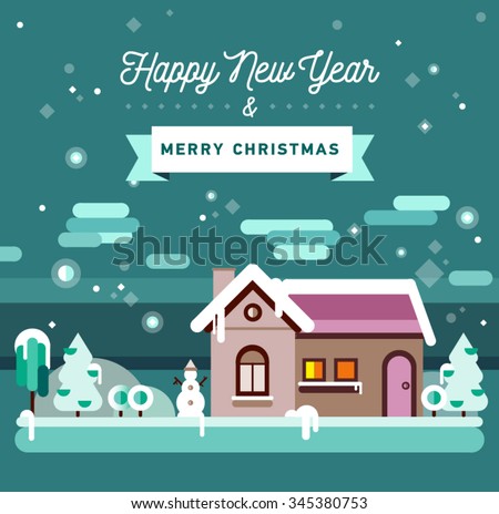 Winter season. Christmas and New Year greeting card. Stock falt illustration of snow landscape  with Christmas trees, snowmen, snow drifts. Typography, calligraphy. Noel background