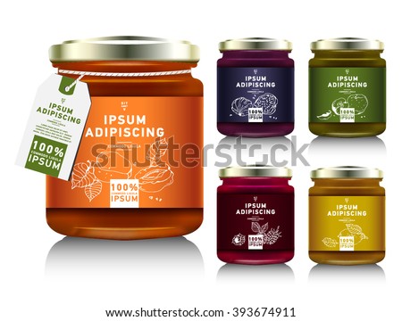 Glass jar with with jam, configure or honey. Vector illustration. Packaging collection. Label for jam. Bank realistic with design tag. Mock up  mason jar with design label or badges