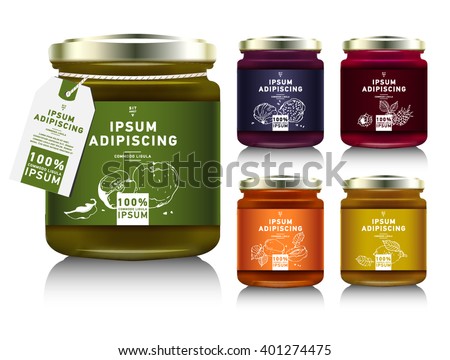 Glass jar with with jam, configure or honey. Vector illustration. Packaging collection. Label for jam. Bank realistic with design tag. Mock up  mason jar with design label or badges