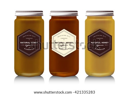 Realistic gass jar with with jam, configure or honey. Food bank. Packaging bottle. Label for honey. Honey bank. Mock up mason jar with design label or badges